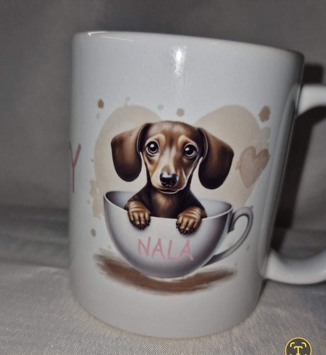 Personalised 'Pup In A Cup' Card, fridge magnet and 11oz mug.