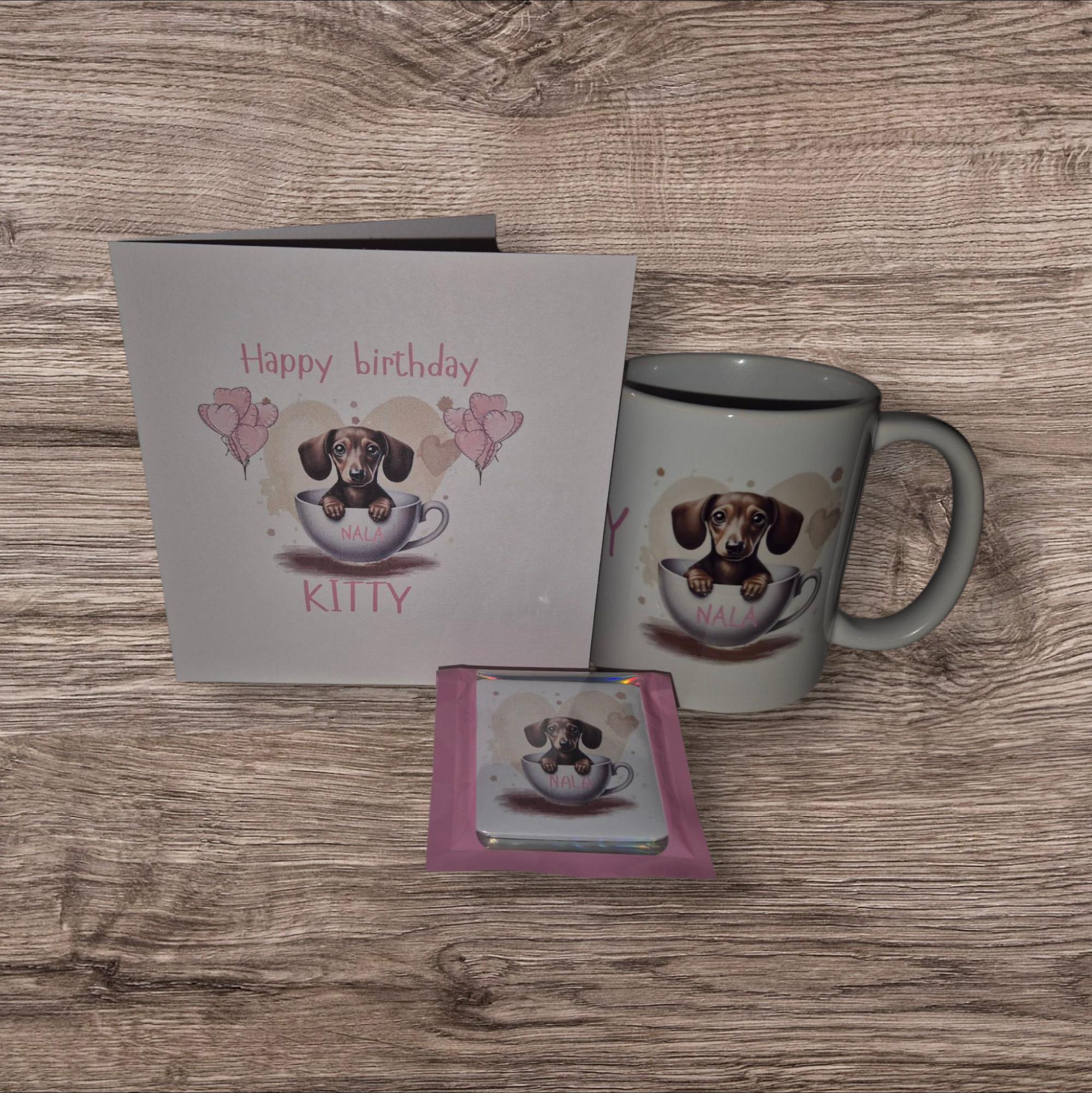 Personalised 'Pup In A Cup' Card, fridge magnet and 11oz mug.