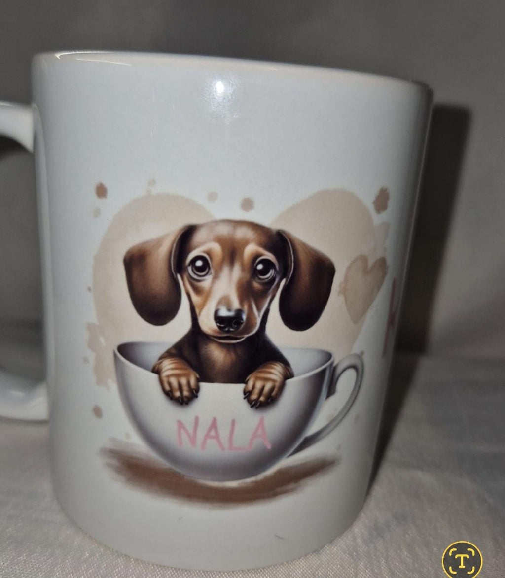 Personalised 'Pup In A Cup' Card, fridge magnet and 11oz mug.