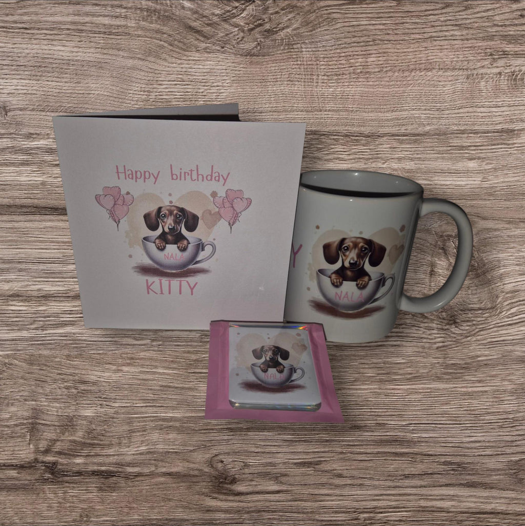Personalised 'Pup In A Cup' Card, fridge magnet and 11oz mug.